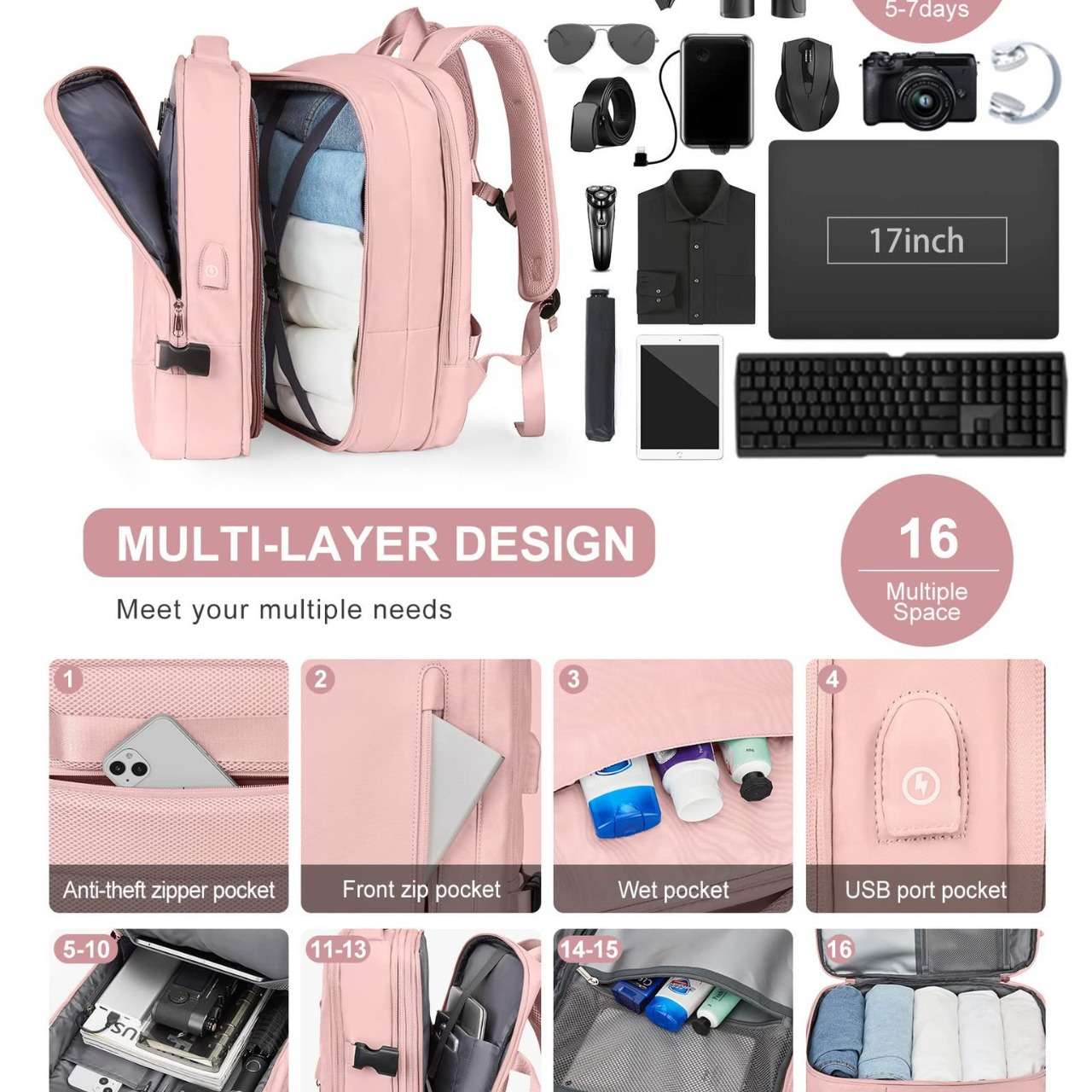 多機能ピンク拡張式パソコンリュック