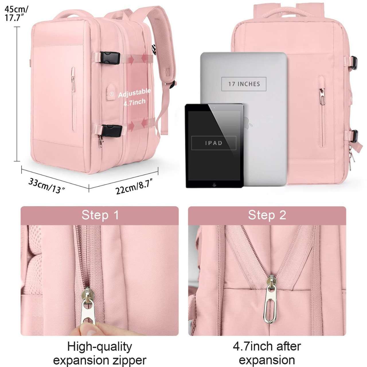 多機能ピンク拡張式パソコンリュック